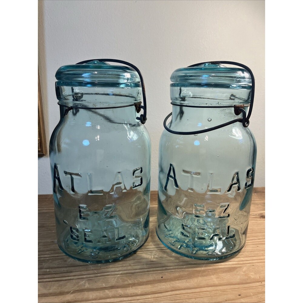 Pair of Vintage QT Atlas E-Z Seal Aqua Glass Canning Jars/Wire Bail
